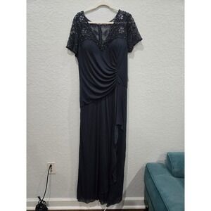 Xscape Evening Gown Beaded Lace Overlay Ruched Waist Navy Blue Size 18